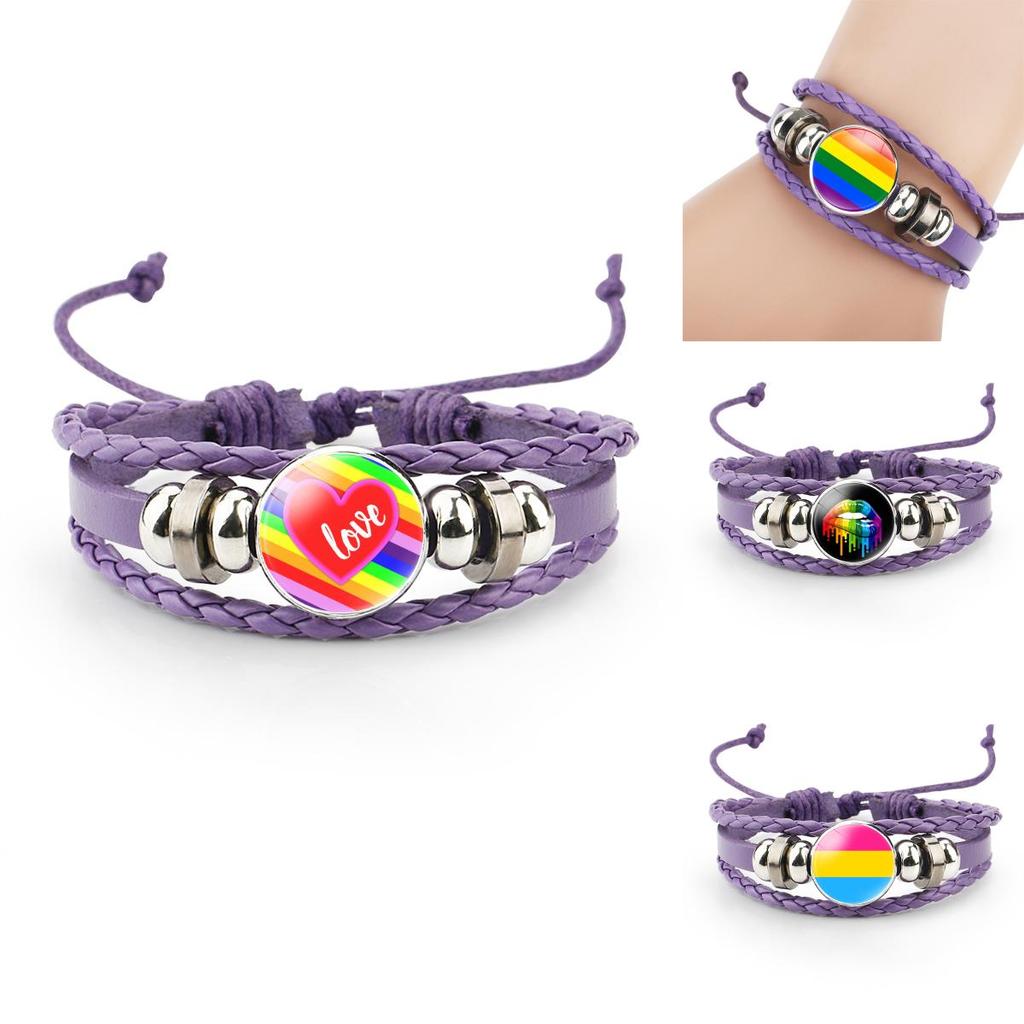Unique Purple Leather Bracelet With Rainbow Flag Time Gemstone For Men And Women