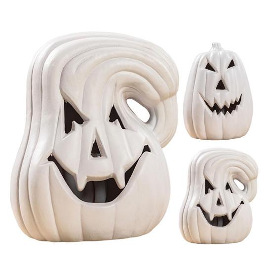 Large LED Lighted Pumpkin Statue Halloween Curved Pumpkin Lamp Autumn Farmhouse Tabletop Centerpiece for Home Porch Room Mantel Decor