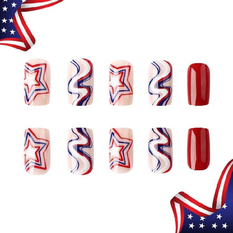 24 Pcs 4th of July Stick on Nail Independence Day Artificial Nail Square Full Cover False Nail Stars Press On Nail