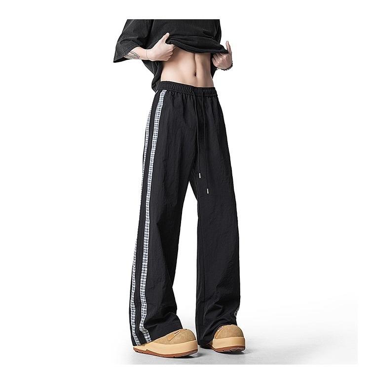 American striped splicing casual pants men's trendy summer new loose wide-leg versatile simple drawstring long pants