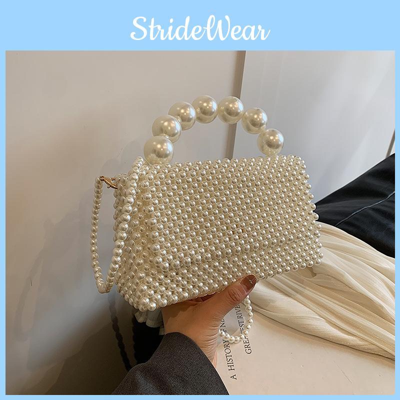 Lady Handwoven Beading Girl Travel Mini Bag Pearl Decor Magnetic Closure Flap