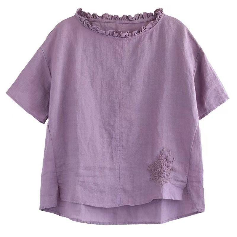 Sommer Neue Mode Einfarbige Lässige Lockere und Schlankmachende Vielseitige Leinen Kurzarm T-Shirt Sommer Oberteil
