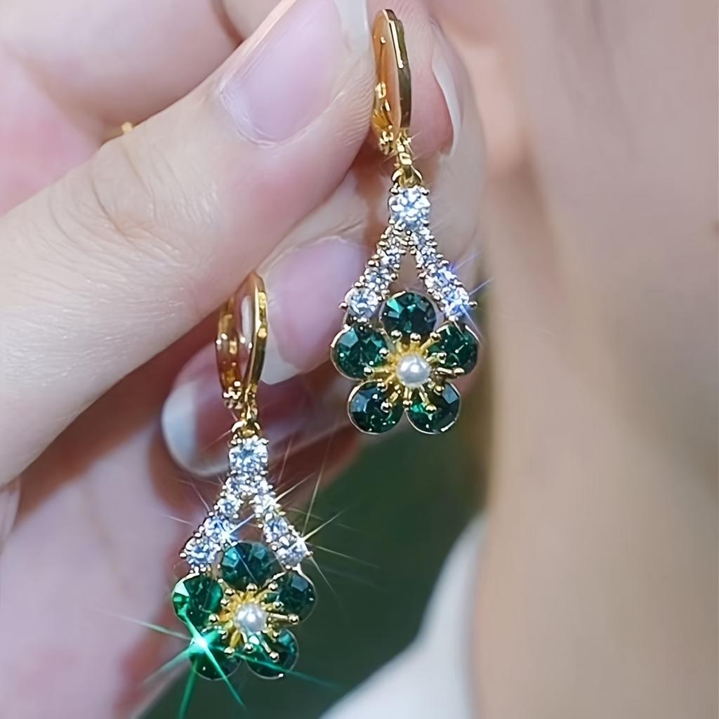 Elegant Green Cubic Zirconia Flower Dangle Earrings, Fashion Alloy Jewelry for Women, Synthetic Zirconia, No Plating, Perfect for Parties & Gifts