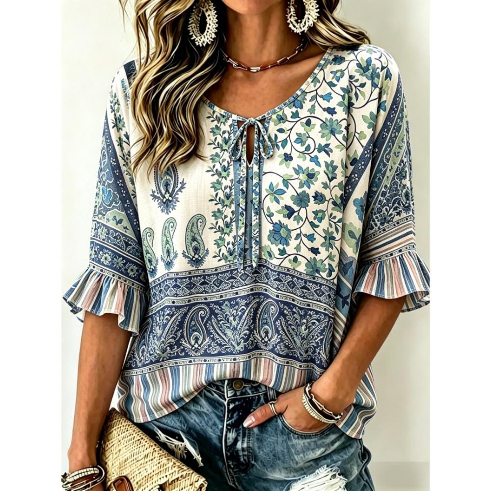 Women's Vintage Paisley Floral Print Tie Front Blouse, Casual Loose Top for Spring Summer Daily Wear
