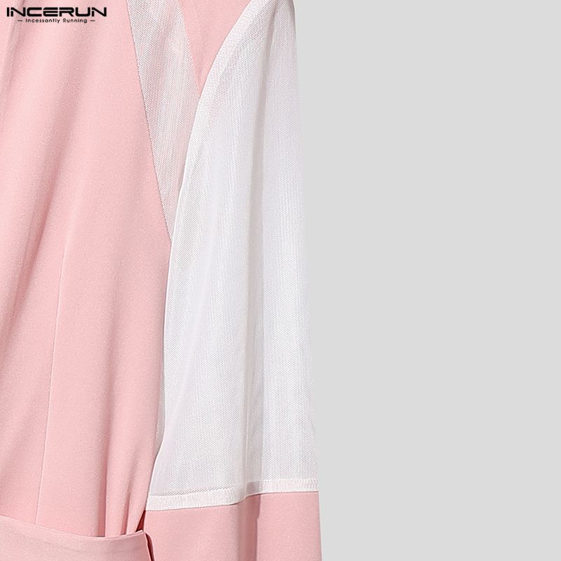 INCERUN Men Long Sleeve Patchwork See Through Mesh Bandage Waist Party Tops Shirts