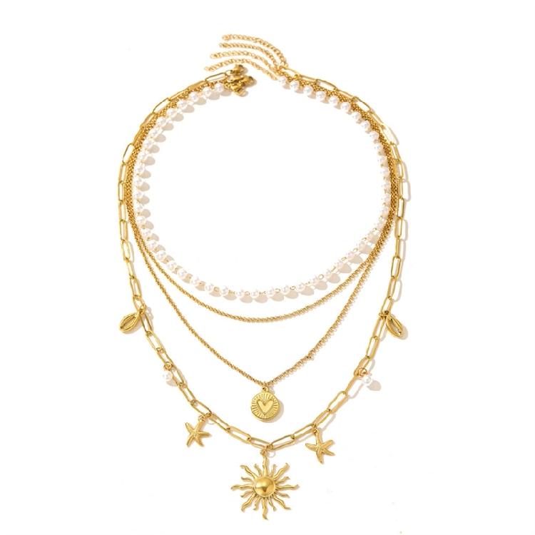 Multi Layer Necklace Pendant Neck Chain Jewelry with Sunflower Starfish And Pearls Accent For Daily Wear & Party Look