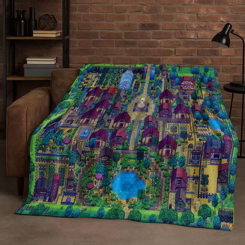 3D Retro Stardew Valley Farm Map Pixel Game Flannel Blanket,Ultra Soft Warm Plush Throw for Home Bedroom Bed Sofa Cover Kid Gift