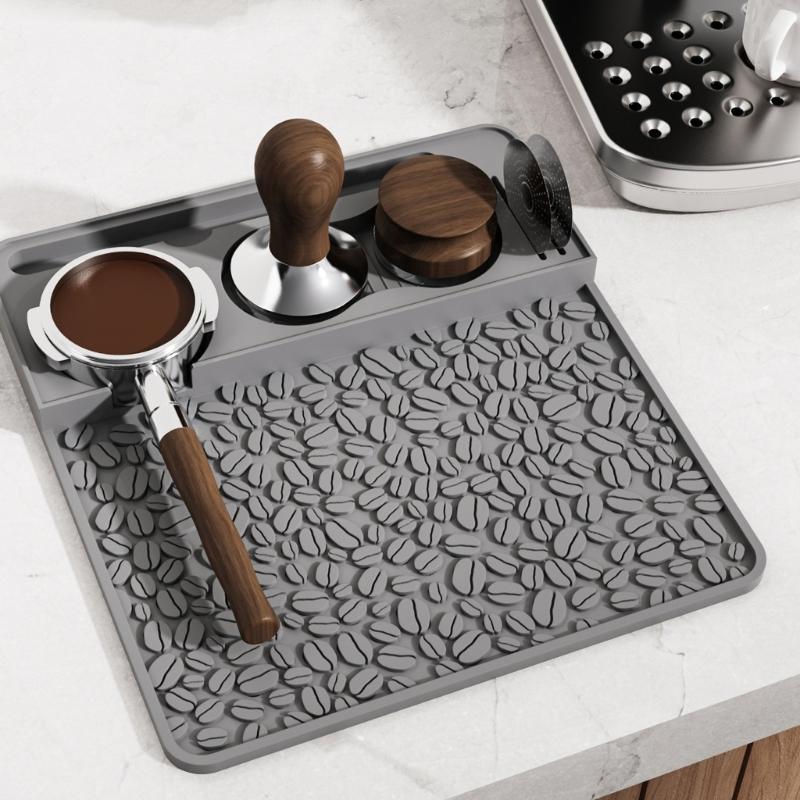 Silicone Coffee Tamping Pad with Textured Work Area, Recessed Tool Holders, Coffee Bean Pattern, and Loose Grounds Control for Brewing