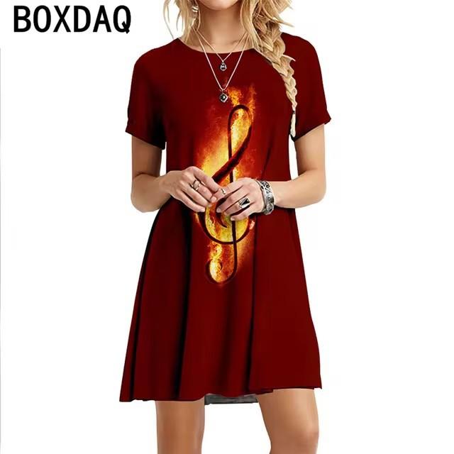 Abiti Stampa Digitale Musicale 3D Donna Estate Manica Corta Scollo a O Casual Larga