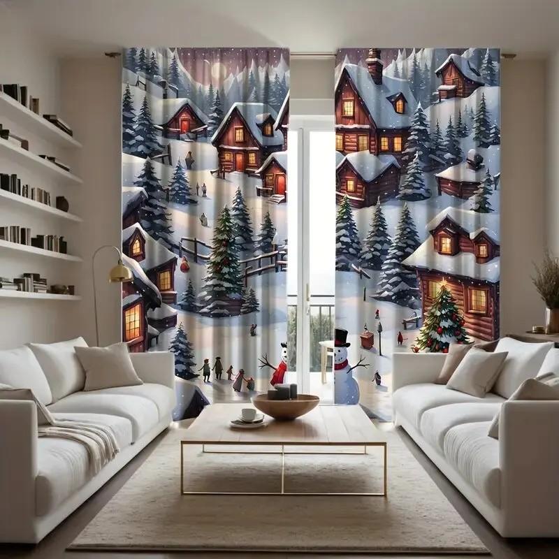 Thermal Jit Scenic Winter Village Curtains Insulated Drapes Christmas Windows Home Decor Curtain Set Of 2 Rustic Made Polyester With Rod Pocket