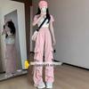 Petite High Waist Pink Parachute Cargo Pants for Women - Wide Leg Summer Sport Pants (145cm)