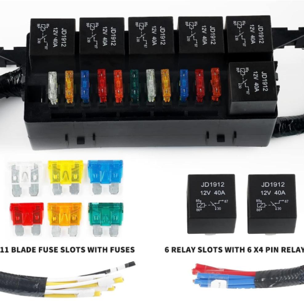 12 24V Vlot Fuse Relay Box Pre-Wired Fuse and Relay Box with 6 Relays and 11 Way ATC/ATO Relay Fuse Box Block For Auto Car