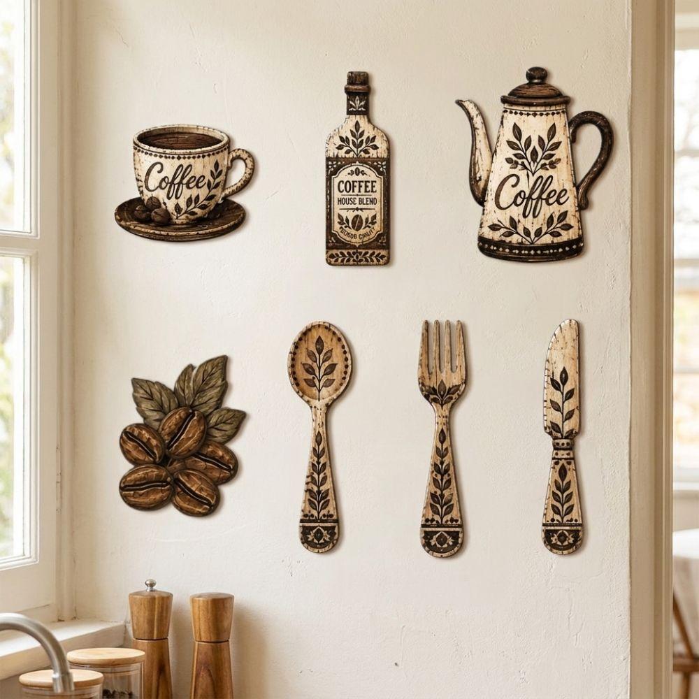 7Pcs Coffee Themed Coffee Utensil Wooden Ornament Vintage Dining Room Wall Decor Set  Bar
