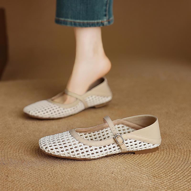 

French woven hollow breathable flat-soled single shoes literary sweet hole shoes with soft leather soft-soled Mary Jane sandals 40