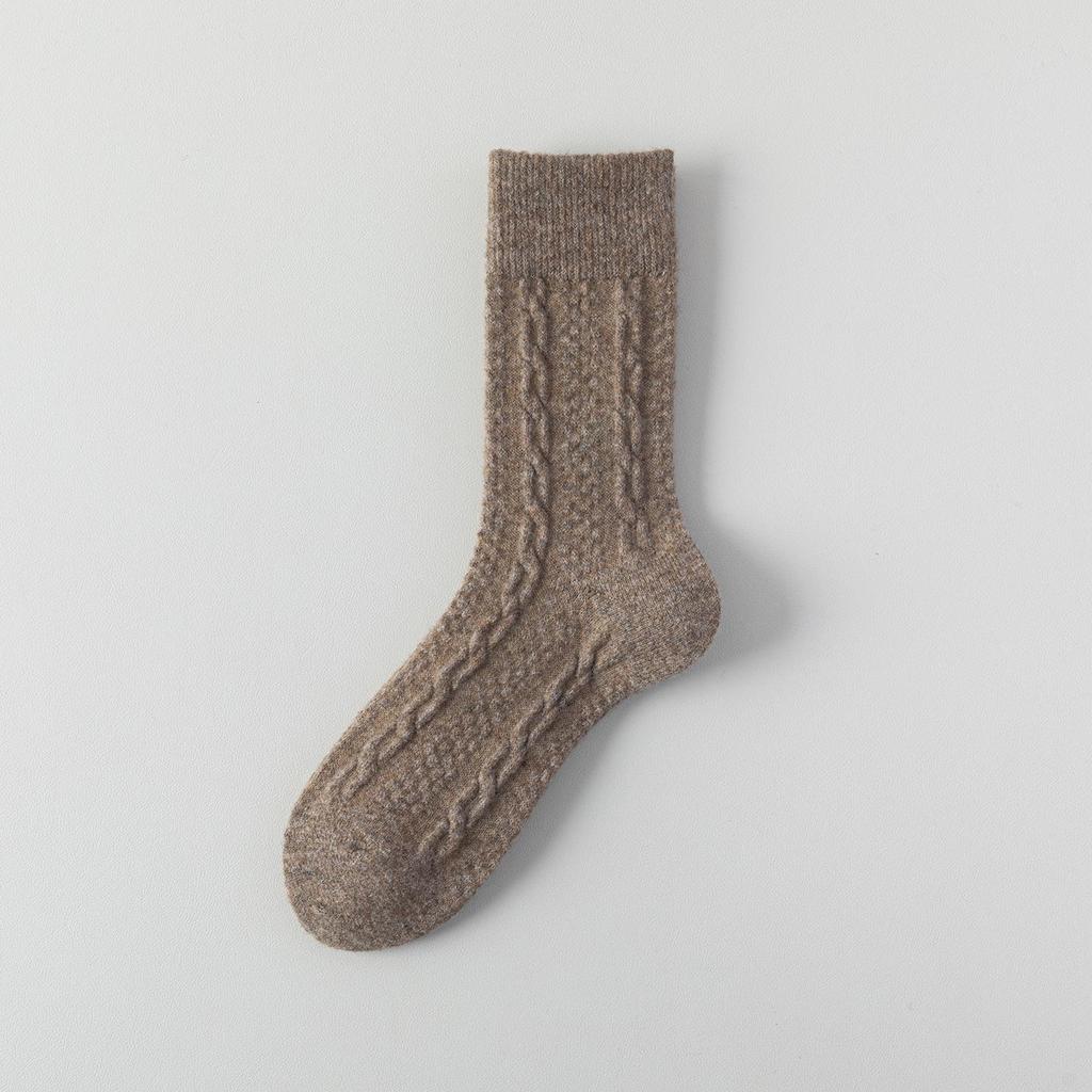 Women's Milk White Wool Socks: Autumn/Winter Cable Knit, Thickened for Warmth, Grey Tones, Mid-Calf Slouch Socks