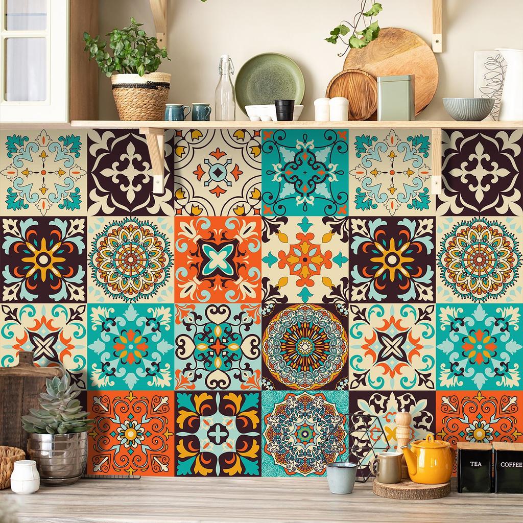 10Pcs Retro Mandala Tile Stickers  Waterproof PVC Decals - Blue & White Moroccan Floral Wall Floor Mural for Kitchen Bathroom DIY