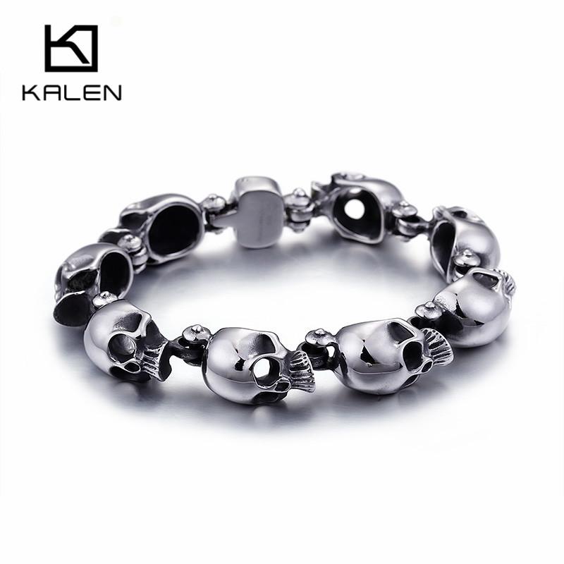 Punk Stainless Steel Lots of Skull Charm Bracelet for Men 20.5cm Metal Biker Party Jewelry Chunky Gothic Accessory
