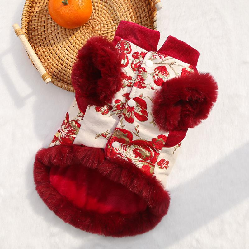 New Chinese-style Folk-style Luxurious Flower-haired Cat Pet Warm Fleece Dog and Cat Fall-winter Clothing Accessories and Supplies