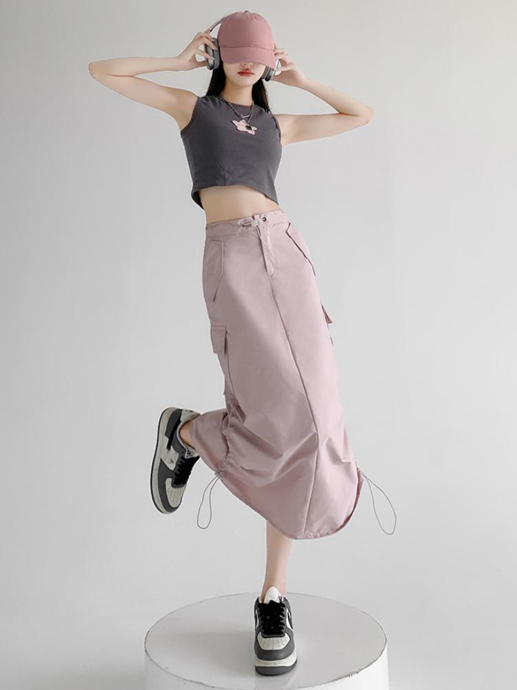 Cargo Midi Skirt Women Summer Slim High Waist Slit A-line Skirt Stitching Drawstring Female Streetwear Vintage Y2K Grey