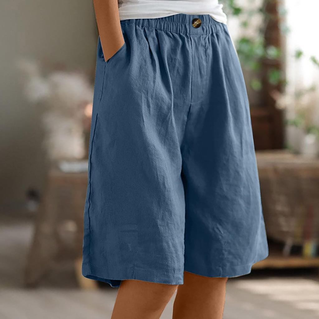 Pantaloni da donna a tinta unita con tasche, bottoni alla moda, pinocchietti, cotone e lino, pantaloncini larghi con elastico in vita