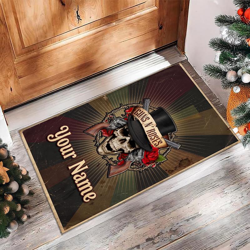 Guns N’ Roses Crystal Velvet Rug, Custom Name Text Personalized Non‑Slip Floor Mat for Home Decor Gift