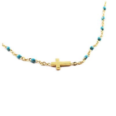 [R0222] - Gold Turquoise 'Cross' Steel Designer Necklace - 10x5 Mm