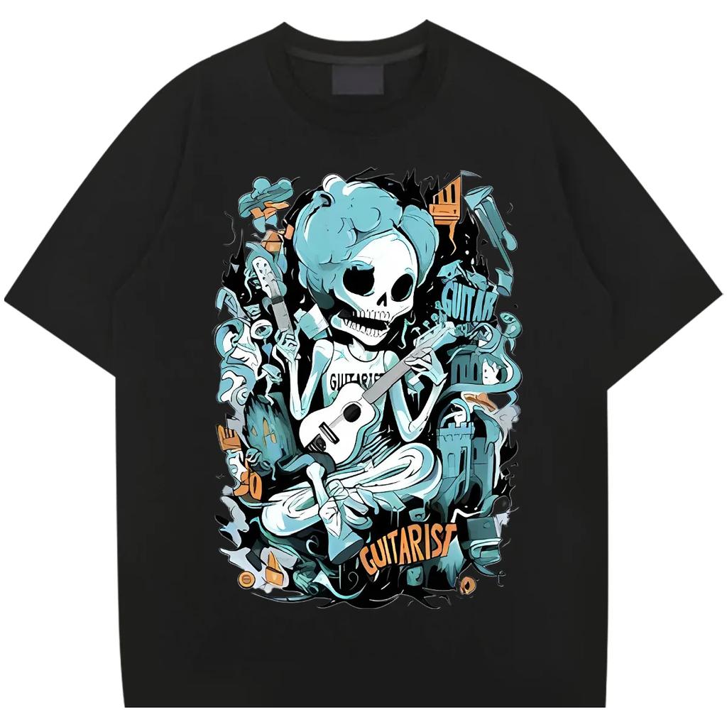 Dödskalle Lös Oversize O-ringad T-shirt Amerikansk Retro För Män T-shirt Tryckt Casual Komfort T-shirt Bekväm Rapstil Tee