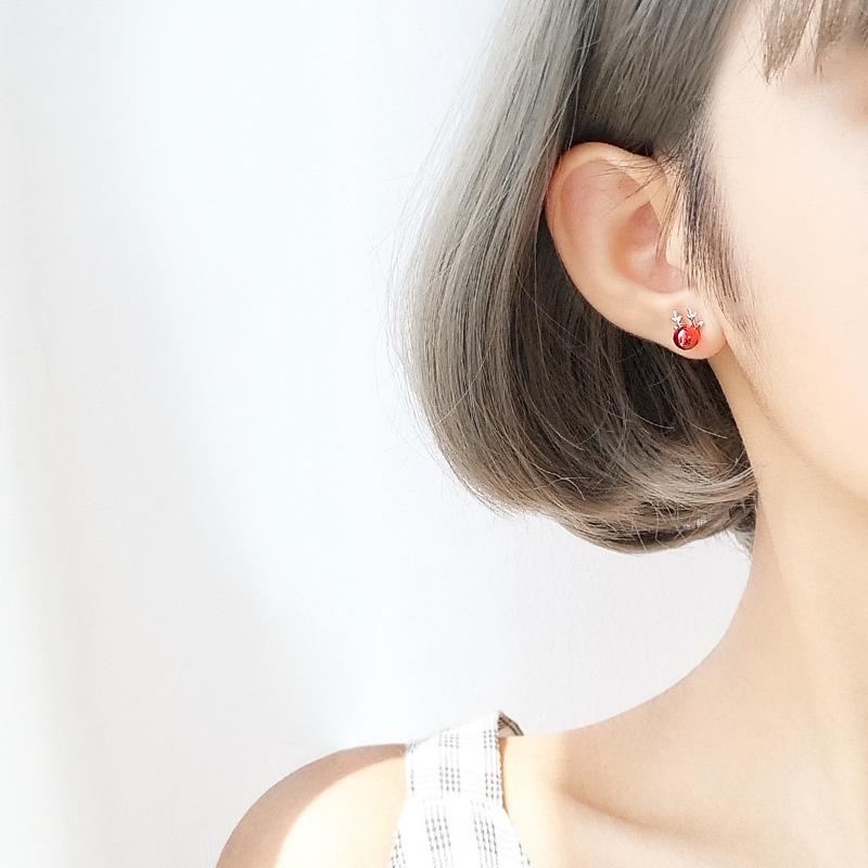 S925 Sterling Silver Garnet Reindeer Antler Stud Earrings - Cute Christmas Gift with Japanese and Korean Girlish Style
