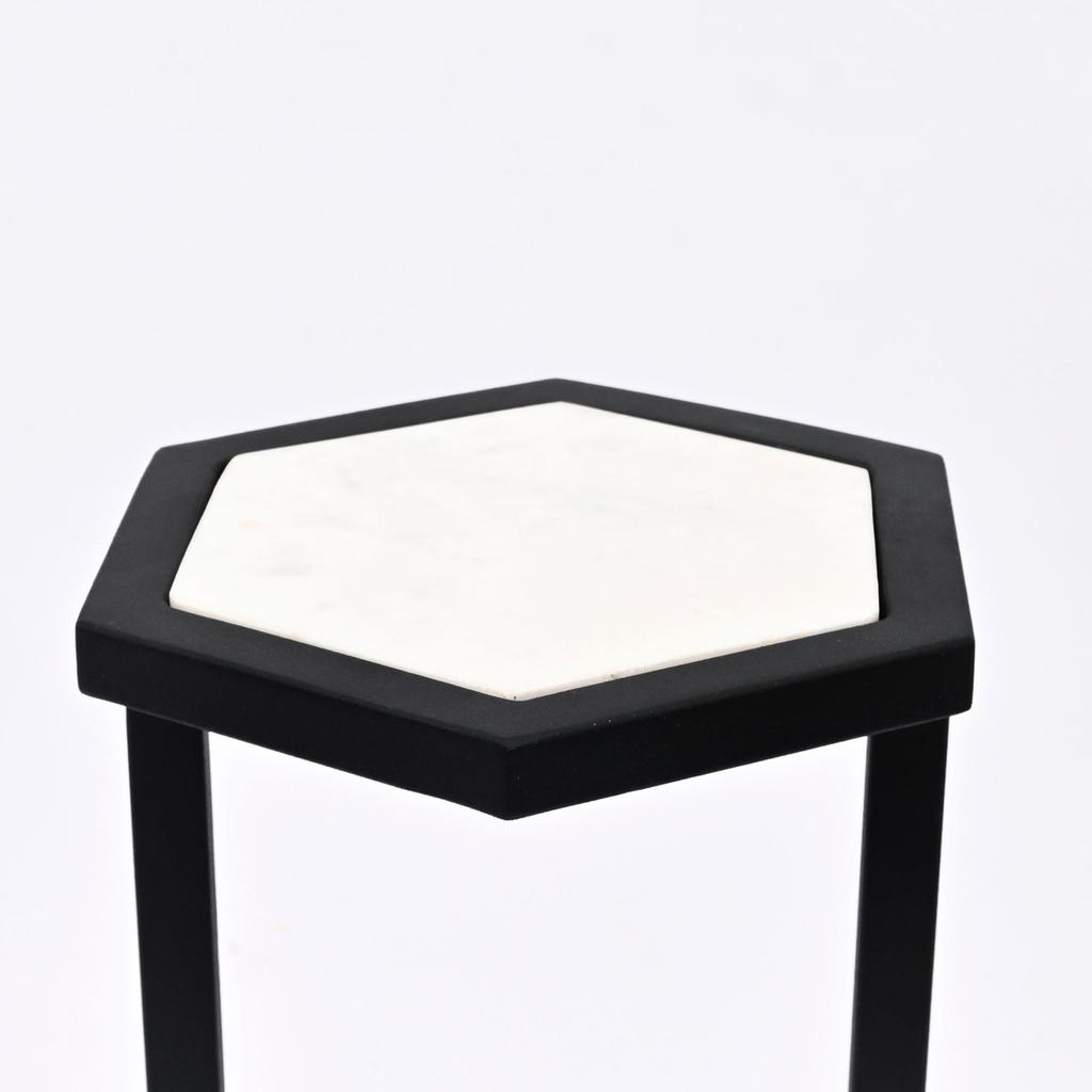Hexagonal Marble Table Set of 2 – Modern Nesting Accent Tables with Black Metal Base