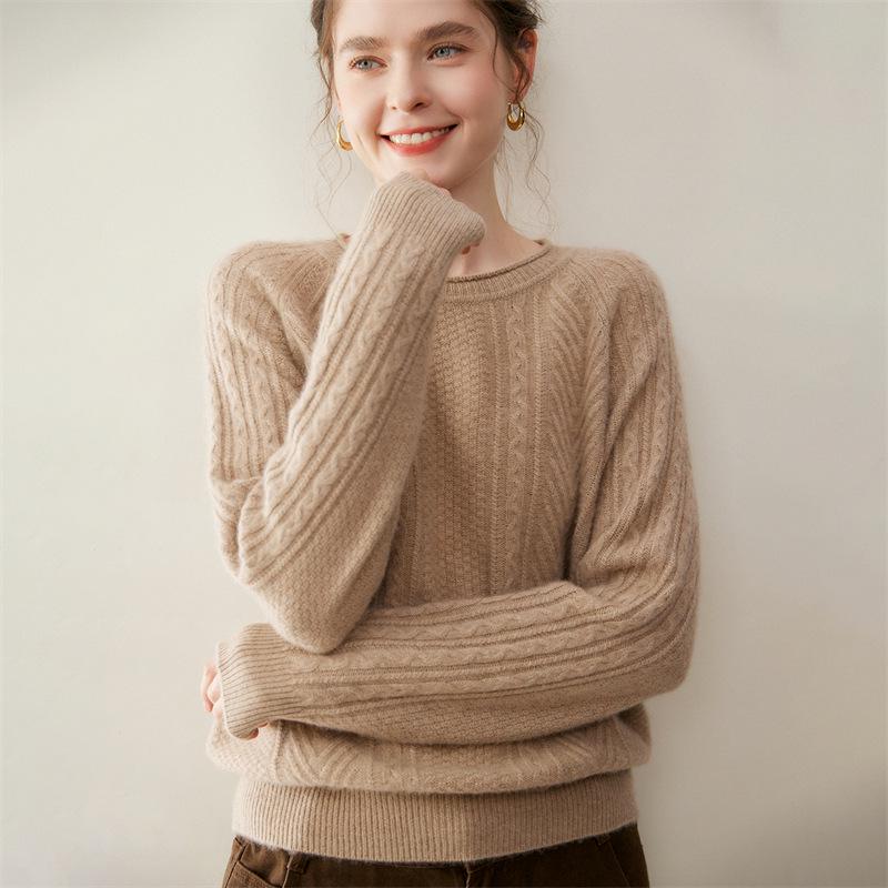 Women's Cashmere Raglan Cable Knit Sweater - 7-Gauge Double-Strand, Round Neck, Rolled Edge, Extra-Thick, Long-Sleeve Pullover.