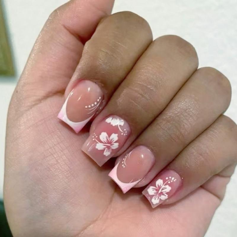 24Pcs Square Press on Nail Glues on Nail French Fake Nail Designs False Nail Artificial Nail Gifts for Women and Girls