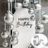 12pcs Silver 4D Balloons with Ribbon 22/15/10Inch Metal Silver Round Foil Hanging Balloon for Happy Birthday Wedding Party Decor
