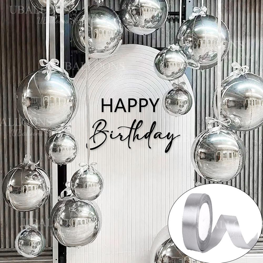 12pcs Silver 4D Balloons with Ribbon 22/15/10Inch Metal Silver Round Foil Hanging Balloon for Happy Birthday Wedding Party Decor