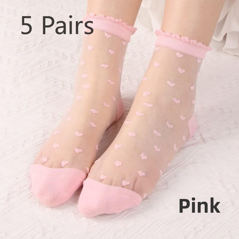 5 Pairs Socks Women Spring and Summer Thin Fashion Thin Crystal Silk Tube Women's Socks Cool Transparent Love Glass Stockings