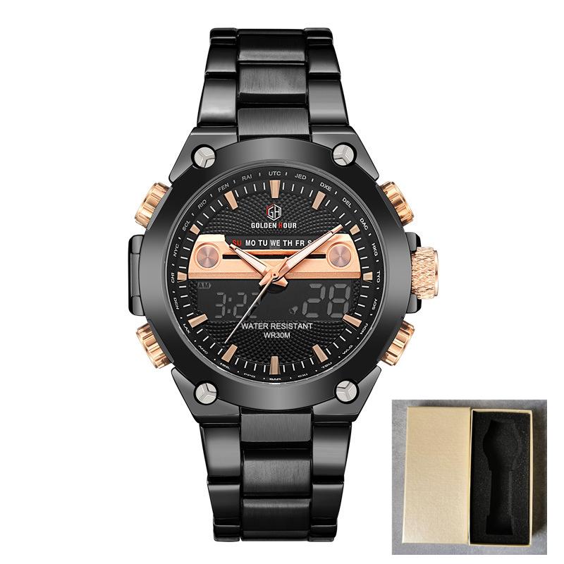 GOLDENHOUR Mens Sport Watches Luxury Gold Quartz Steel Strap Waterproof Military Digital Wristwatch Clock Relogio Masculino