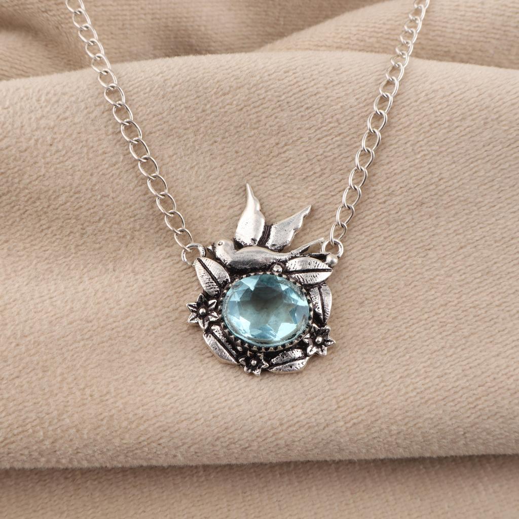 Natural Sky Blue Topaz Gemstone Silver Boho Pendant 0.5" 925 Sterling Silver Jewelry For Valentine/Anniversary Gift CP-43-3