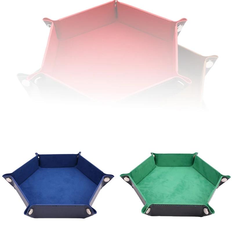 High Quality Foldable Dice Tray Box PU Leather Folding Hexagon Coin Square Tray Dice Game