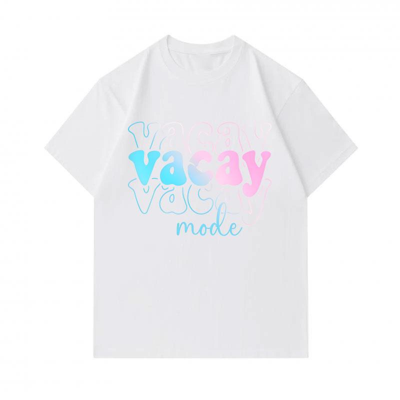 Men's 100% Cotton Crew Neck Short Sleeve T-Shirt, Casual Gradient Vacay Mode Letter Print Tees, Breathable Soft Summer Tops for Daily Holiday Travel W