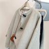 Gray horn buckle knitted cardigan women's early autumn loose soft waxy outer sweater jacket top