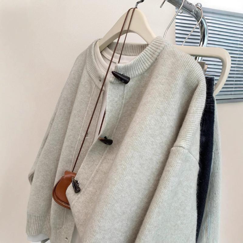 Gray horn buckle knitted cardigan women's early autumn loose soft waxy outer sweater jacket top