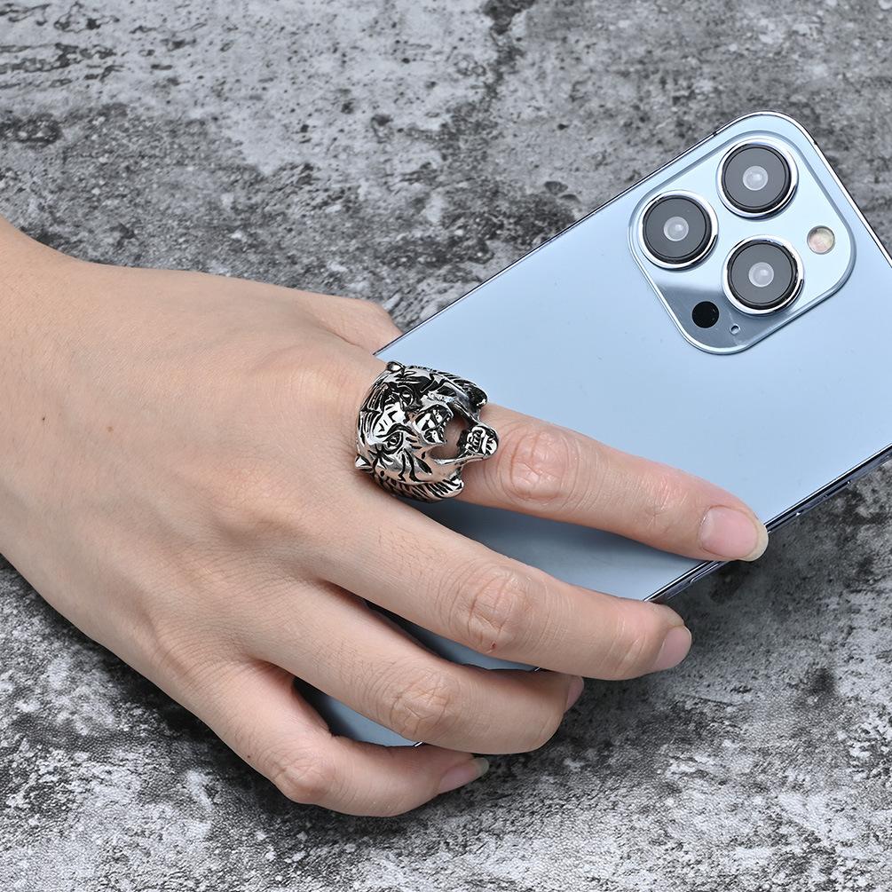 Retro Stil Tigerkopf Edelstahlring Majestätisches und Herrscherliches Tigergebrüll Titanstahl Herren Finger Ziehen Schmuck