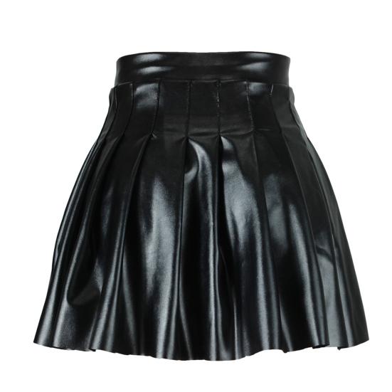 Women Pleated Skirt Faux Leather High Waist A-line Loose Hem Solid Color Clubwear Party Dance Skirt Above Knee Length Mini Skirt