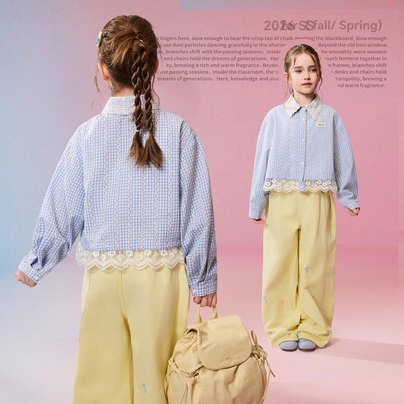 ASK JUNIOR Girls Lace Patchwork Plaid Long-Sleeve Shirt 170
