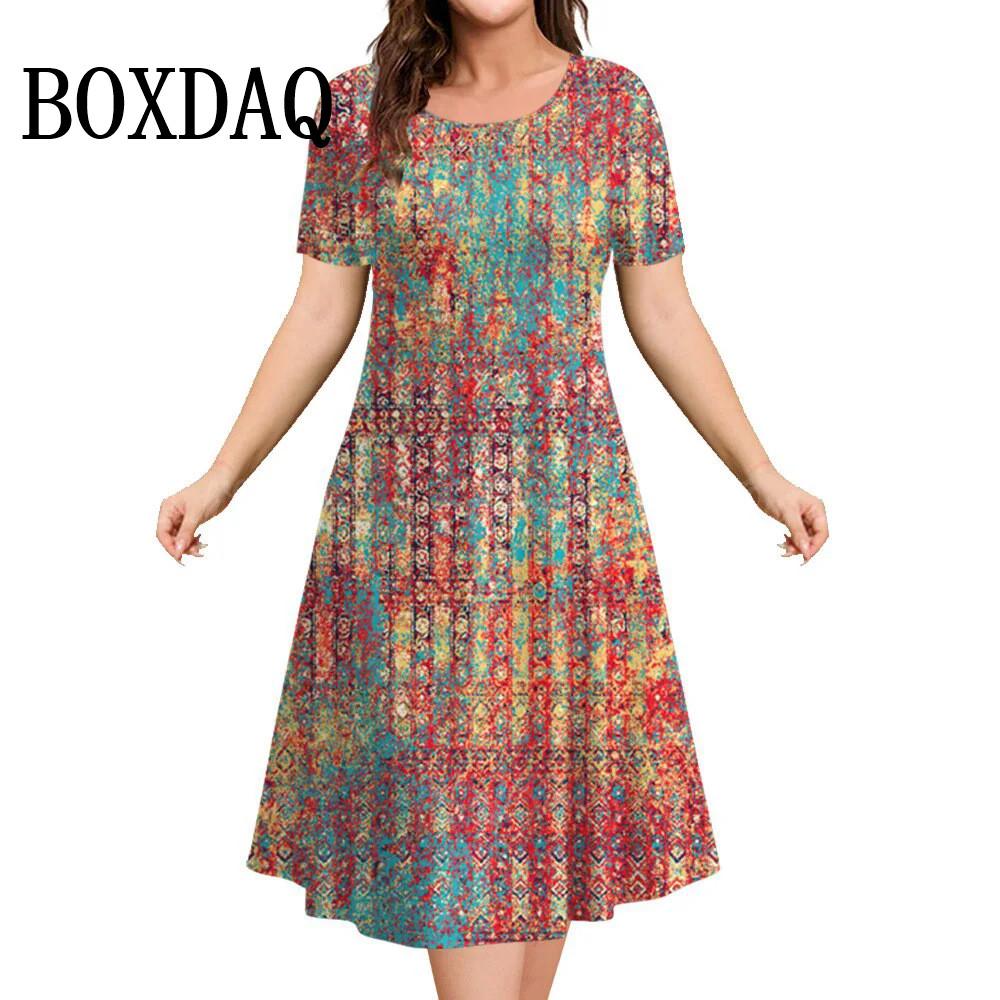 Damen Sommerkleid Retro Ethnisch Rundhalsausschnitt Kurzarm Geblümt 3D Gedruckt Locker Übergröße Damenkleider Vestidos Modekleidung