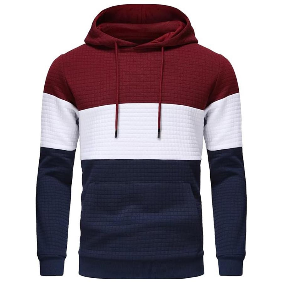 Large Size Men's Hooded Pullovers Checkered Color Blocking Sweatshirt Retro Jacquard Casual Sports Hoodie for Men