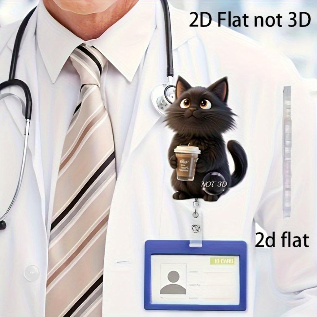 2D Flat Acrylic Black Cat Coffee Cup Retractable Badge Reel, Solid PMMA Clip On ID Holder For Nurse Doctor Medical Student And Office Workplace Staff
