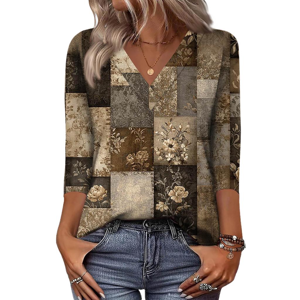 Dámské košile s 3/4 rukávem Topy s výstřihem do V Topy pro volný čas Základní trička Halenka Volné topy