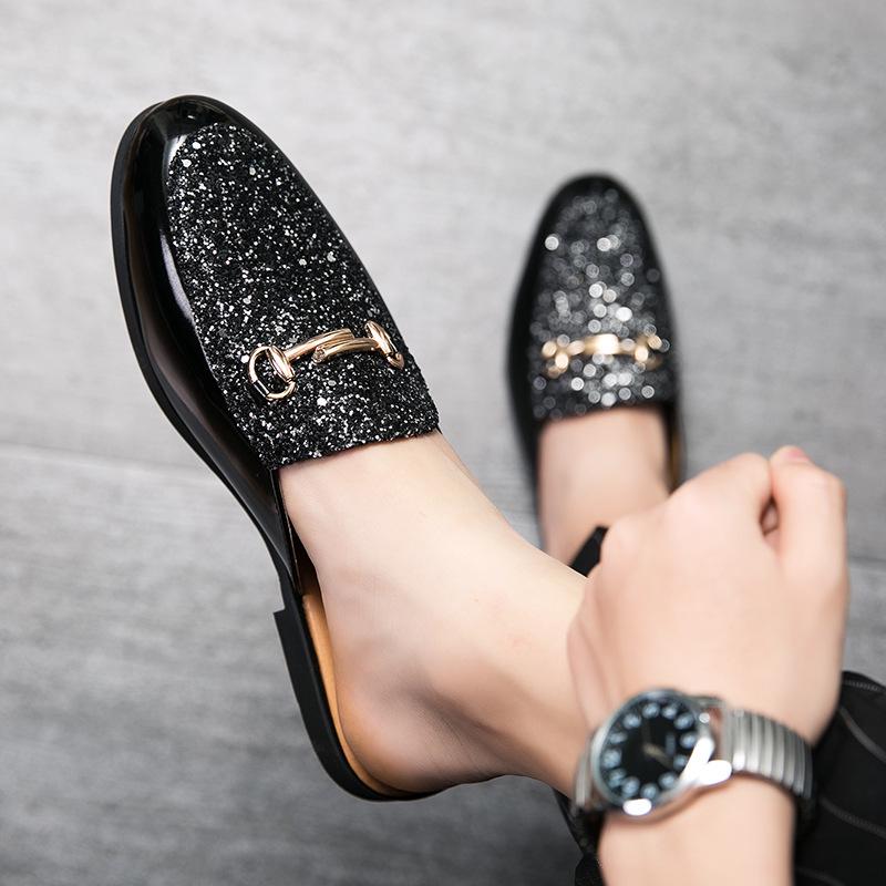2023 Men's British Style Slip-On Sandals, Half-Open Toe, Closed-Toe, No-Back, Small Leather Shoes