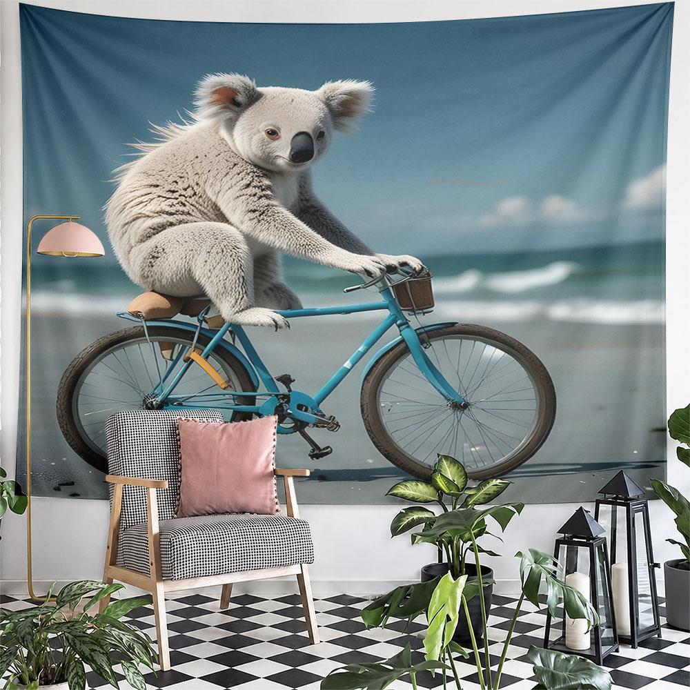 Koala Riding a Blue Bicycle On Beach Pattern Wall Hanging Tapestry Decorative Tapestry Home Decor for Bedroom and Living Room