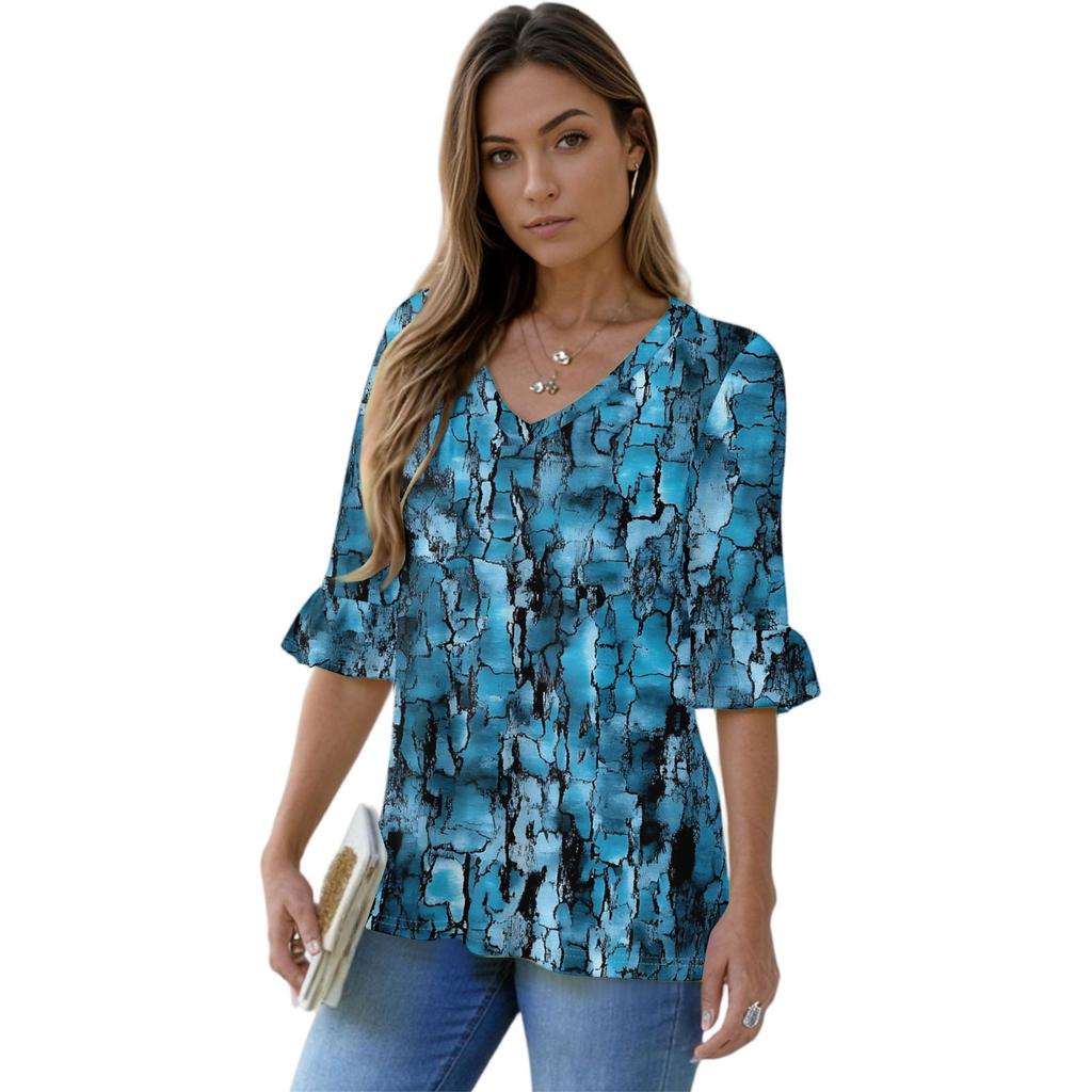 Women's Casual 3/4 Sleeve Tops V-Neck Sleeve T-Shirt Floral Print Tops